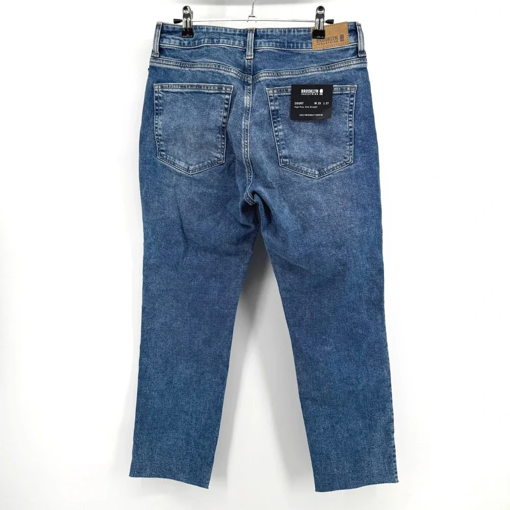 Brooklyn Industries Court Jeans Mens 29 Blue Slim Straight Distressed Raw Hem
